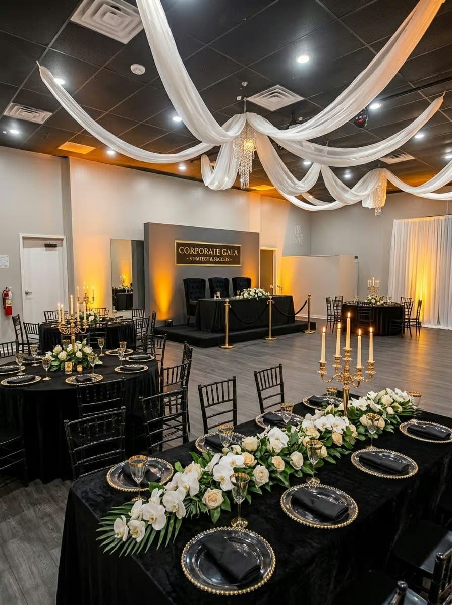 Corporate gala setup in black and gold at The Cove at St. Johns event venue near Jacksonville, FL
