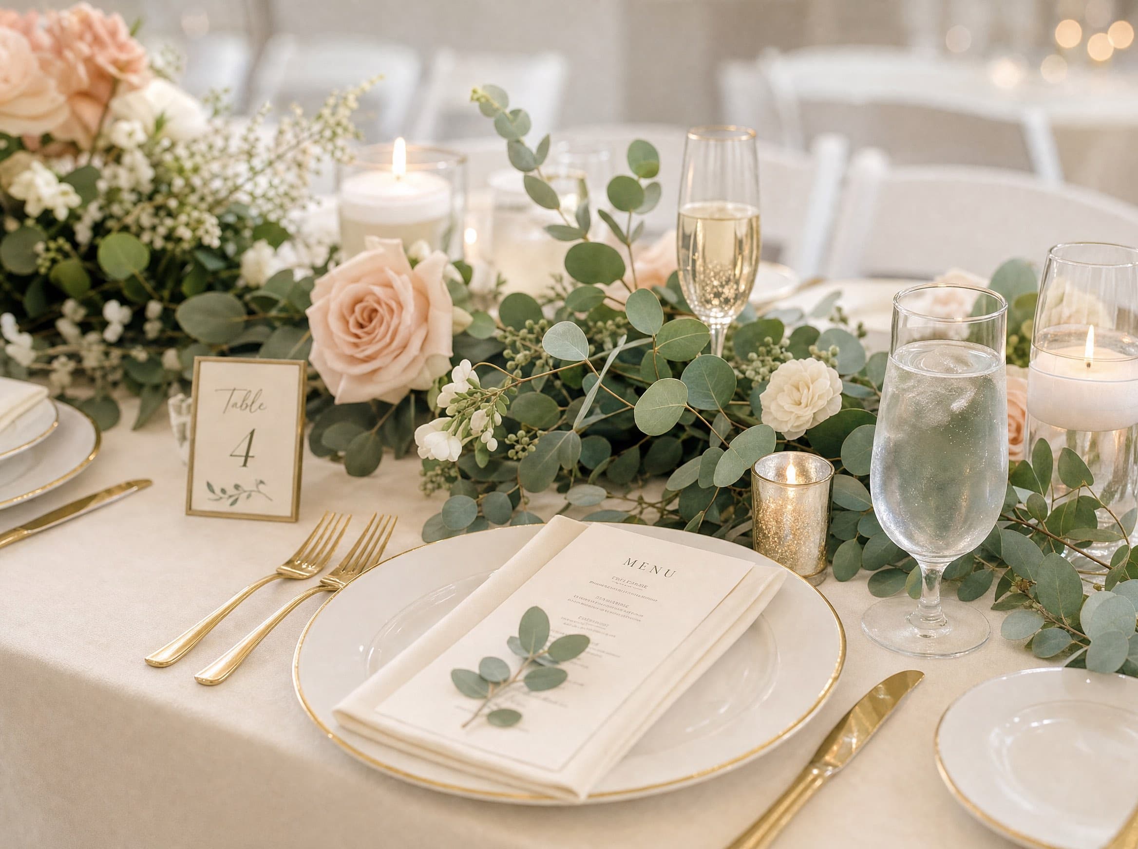 A blush rose and eucalyptus tablescape concept with gold flatware, menu cards and candlelight for our St. Johns County venue