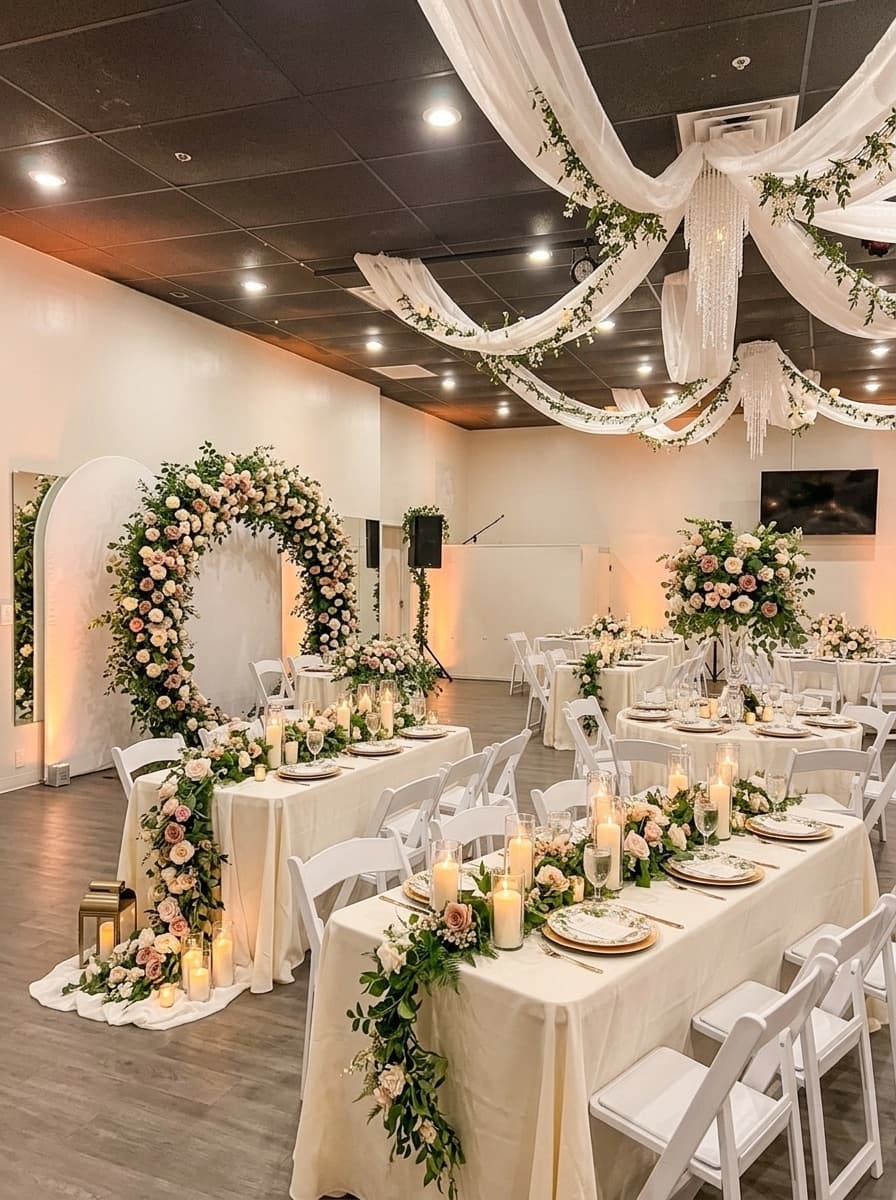 A reception concept with a floral arch and ceiling draping over long candlelit tables in our Fruit Cove, FL event space