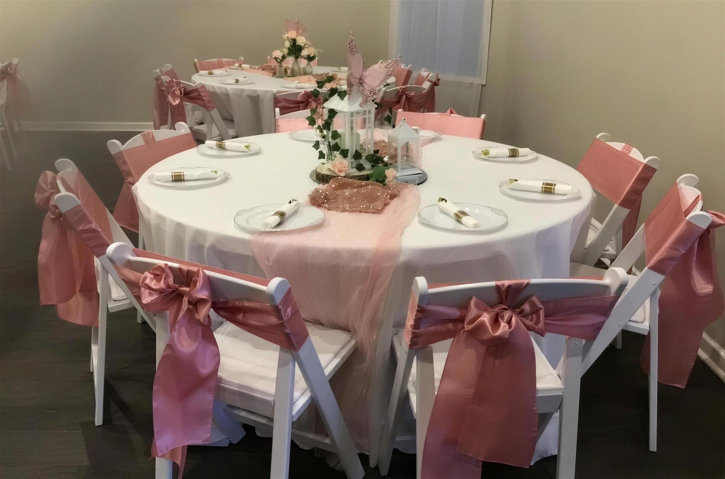 White round with dusty rose chair sashes, blush tulle runner and a lantern-and-butterfly centerpiece at a birthday celebration at The Cove at St. Johns, near Jacksonville, FL