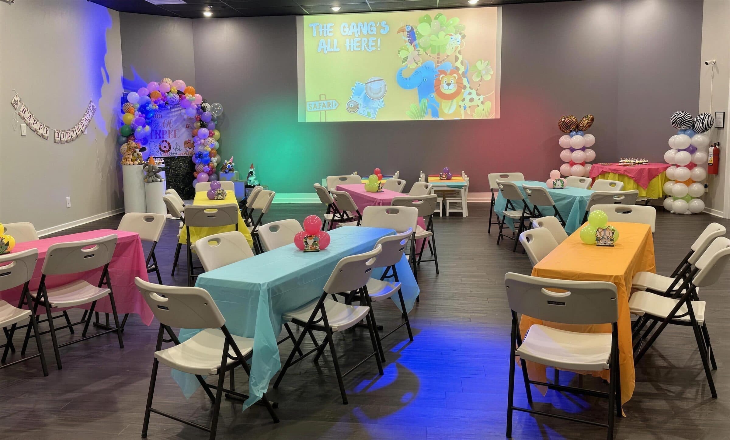 Safari-themed kids' birthday set with rainbow tablecloths, a jungle cartoon projection, pastel balloon garland and a Happy Birthday banner at The Cove at St. Johns, Fruit Cove FL