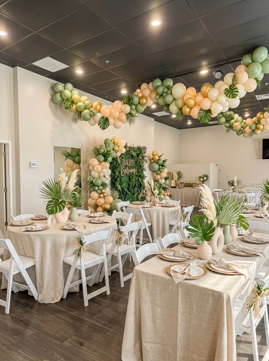 Baby shower with sage and peach balloon garland, greenery backdrop, and neutral linen tables at The Cove at St. Johns in St. Johns County, FL